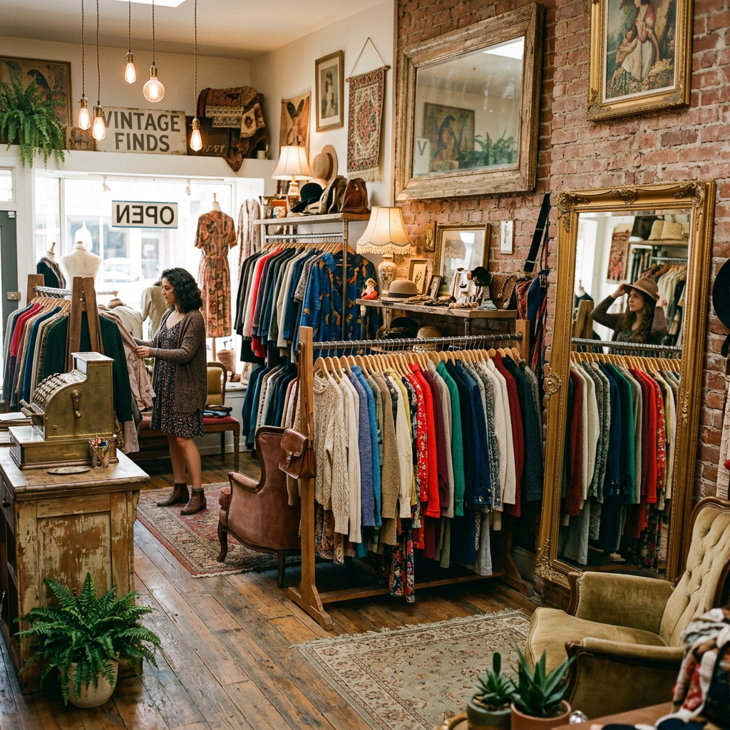 Woman browsing garments on rack inside vintage clothing boutique