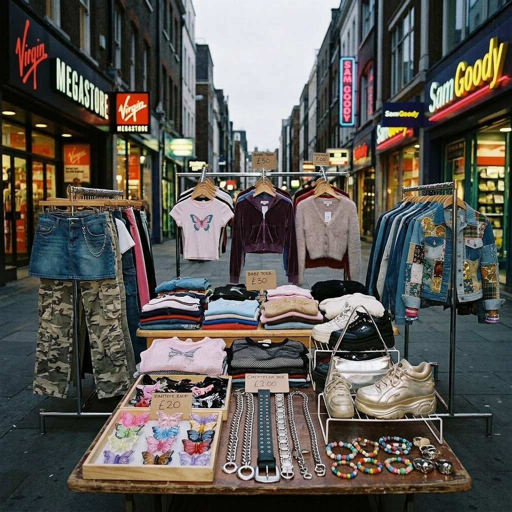 Young woman in patchwork denim jacket and mini skirt standing in a busy urban shopping street.